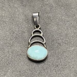 Vintage Sterling Silver Pendant With Bezel Set Milky Blue Gem Stone Tiered Hoops